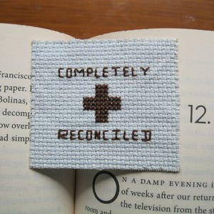Cross stitch bookmark needlepoint needlecraft completely reconciled Easter Jesus blue brown embroidery religious cross hope literature image 5