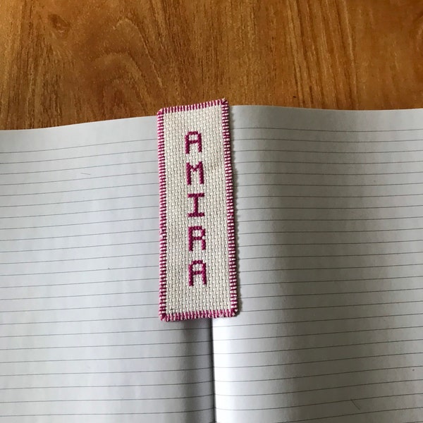 Girl name bookmark red white Amira princess birthday gift graduation baptism Christmas birthday cross stitch needlecraft handmade handcraft