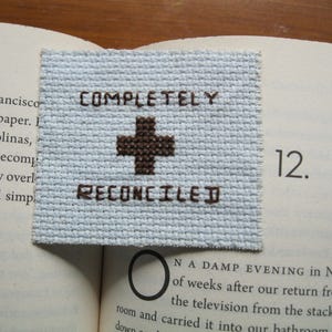 Cross stitch bookmark needlepoint needlecraft completely reconciled Easter Jesus blue brown embroidery religious cross hope literature image 2