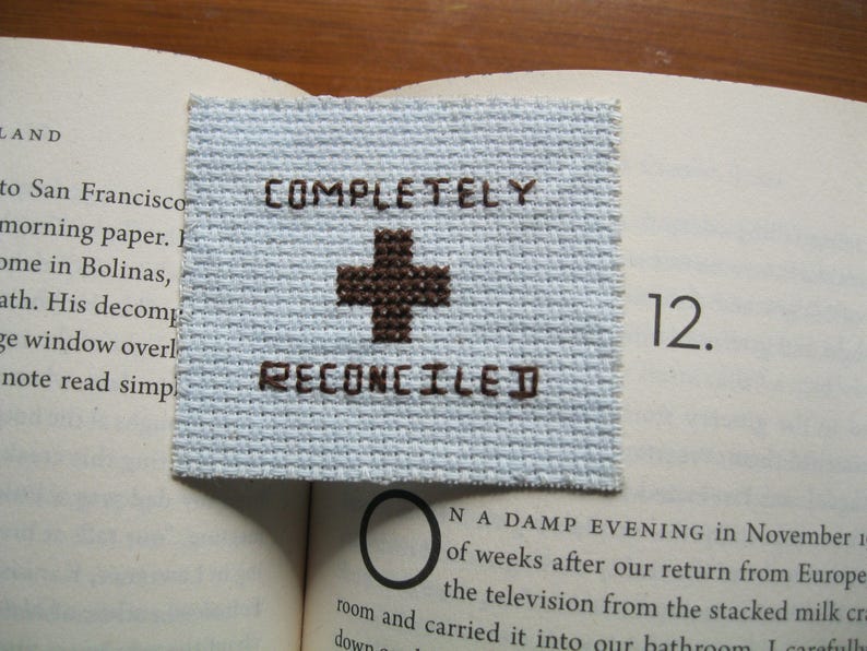 Cross stitch bookmark needlepoint needlecraft completely reconciled Easter Jesus blue brown embroidery religious cross hope literature image 2