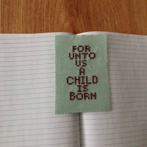 Isaiah 9:6 For unto us a child is born religious Christmas Cross stitch bookmark needlepoint Jesus embroidery Bible Christ promise green red