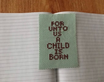 Isaiah 9:6 For unto us a child is born religious Christmas Cross stitch bookmark needlepoint Jesus embroidery Bible Christ promise green red