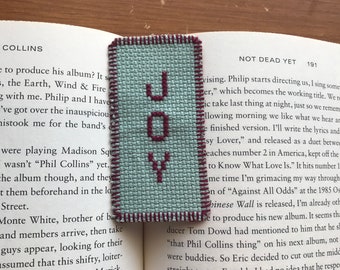 Cross stitch bookmark joy green burgundy birthday gift graduation baptism needlecraft