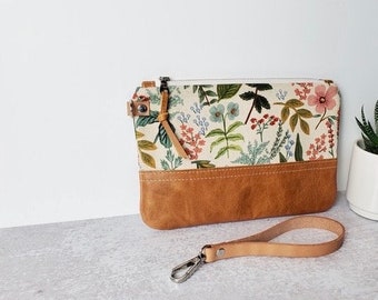 Garden Herb Rifle Paper Floral and Leather Wristlet, Brown Leather Clutch, Leather Pouch