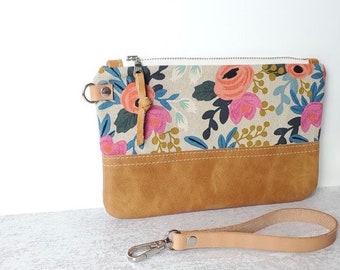 Rosa Rifle Paper Floral and Leather Wristlet, Brown Leather Clutch, Leather Pouch