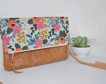 Floral and Brown Leather Crossbody Foldover Clutch, Rifle Paper Co Fold Over Leather Purse Clutch, Foldover Clutch, Bag