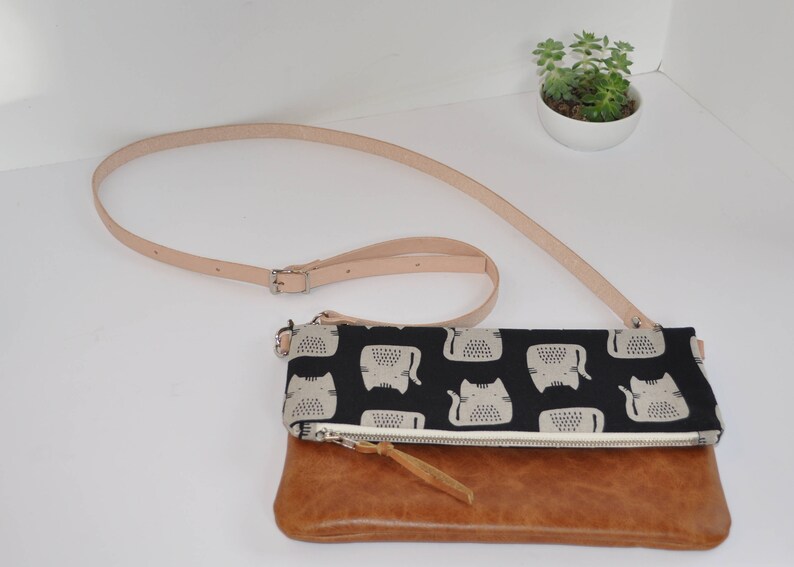 Cat and Brown Leather Crossbody Foldover Clutch, Fold Over Leather Purse Clutch, Foldover Clutch, Bag, Brown Leather image 7