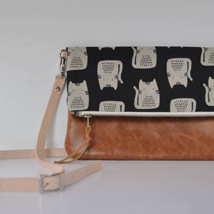 Cat and Brown Leather Crossbody Foldover Clutch, Fold Over Leather Purse Clutch, Foldover Clutch, Bag, Brown Leather image 1