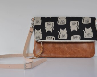 Cat and Brown Leather Crossbody Foldover Clutch, Fold Over Leather Purse Clutch, Foldover Clutch, Bag, Brown Leather