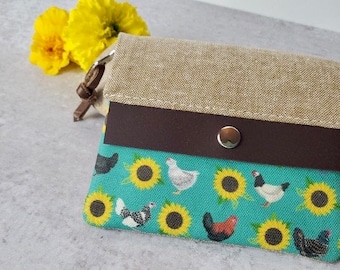 Minimalist Wallet- Chickens and Sunflowers with Dark Brown Tab