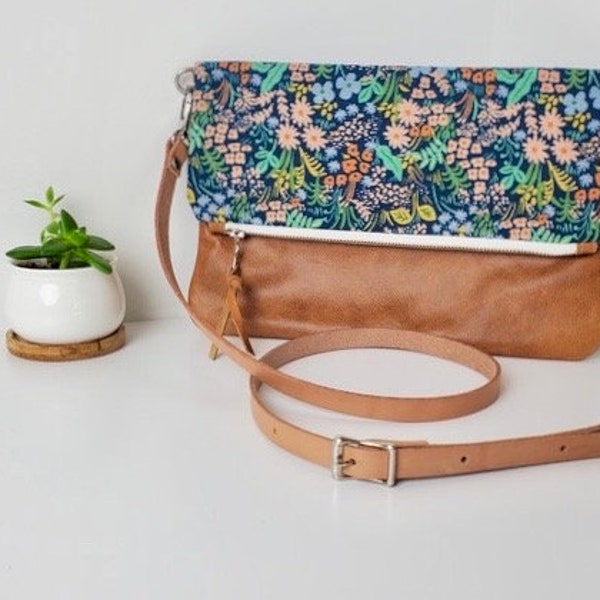 Floral Fields Leather Crossbody Foldover Clutch, Fold Over Leather Purse Clutch, Foldover Clutch, Bag, Cognac Brown Leather