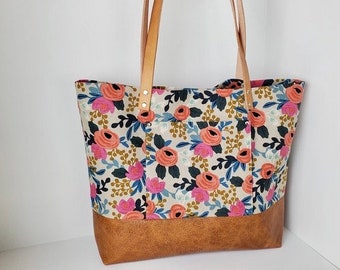 Rifle Paper Floral Canvas and Leather Tote Bag With Outside Pocket, Carry All, Leather Handles and Congnac Brown Leather Base