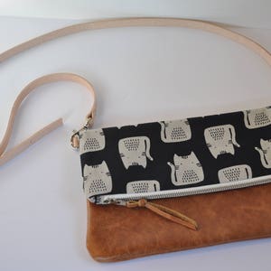 Cat and Brown Leather Crossbody Foldover Clutch, Fold Over Leather Purse Clutch, Foldover Clutch, Bag, Brown Leather image 2