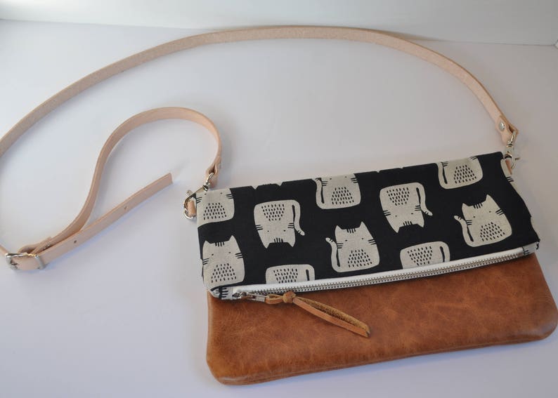 Cat and Brown Leather Crossbody Foldover Clutch, Fold Over Leather Purse Clutch, Foldover Clutch, Bag, Brown Leather image 2