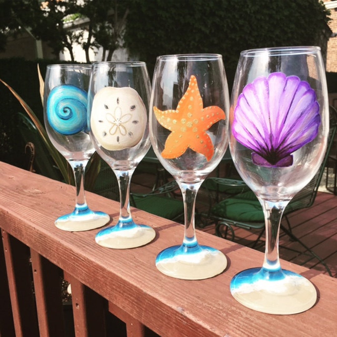 Seashore Assortment - Stemless Wine Glasses - Engraved - Set of Four