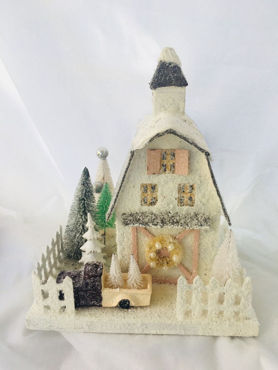 13 Retro Christmas Mantel Village Barn House With Pickup Etsy