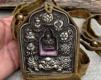 Vintage Old Tibetan Buddhist 4 Arms Buddha Ghau Gao Prayer Box Copper Silver Plated Portable Shrine
