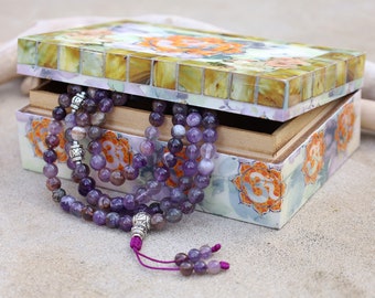 Tibetan Amethyst Mala Prayer Beads Rosary Meditation Yoga Free Mala Wooden Box