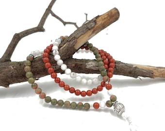 Handmade Mala Necklace – 108 Beads with Red Jasper, Howlite, Unakite & Silver Spacers