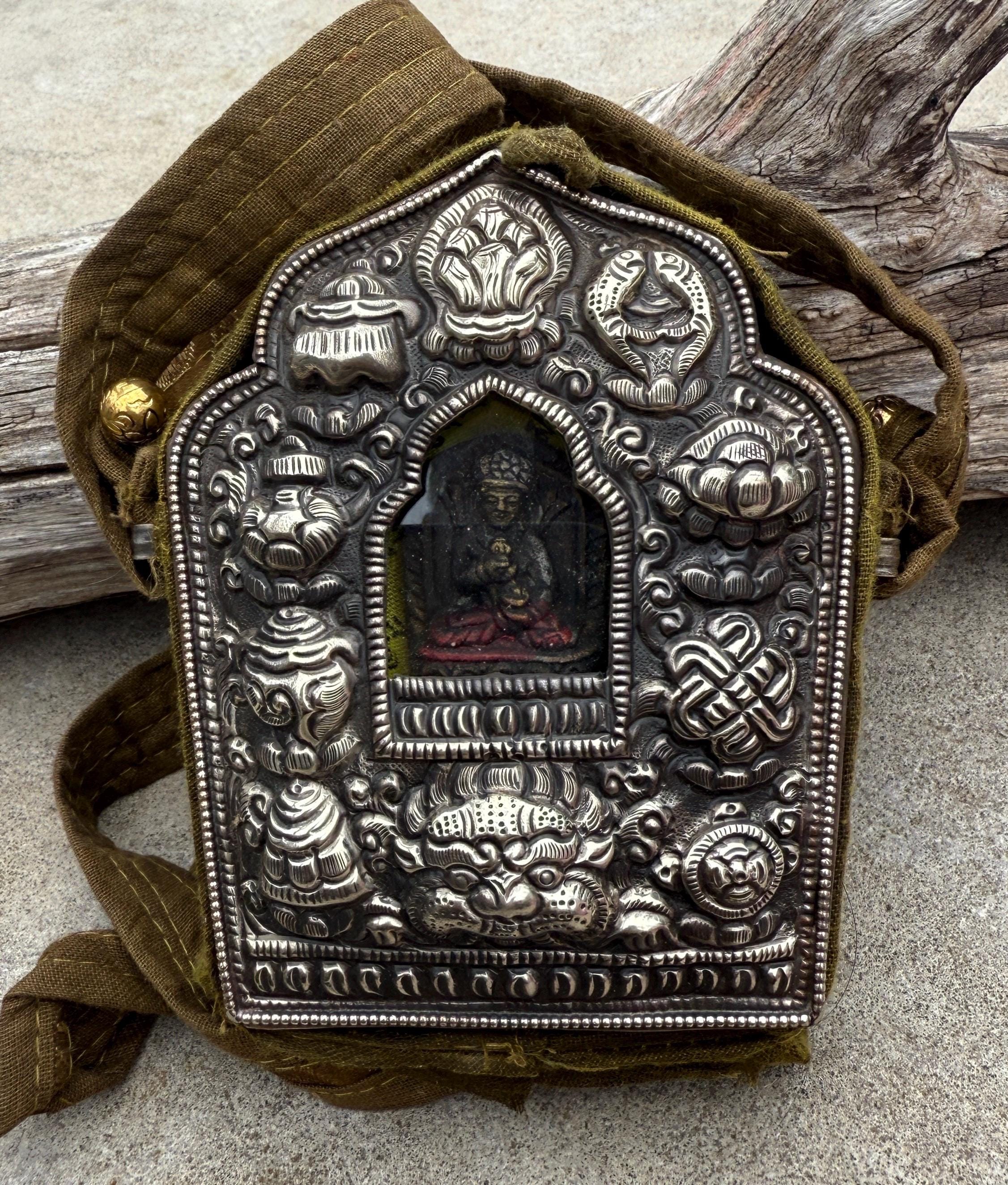 Old Large Tibetan Buddhist Copper Silver Tsepakmed Gao Prayer Box Portable Shrine