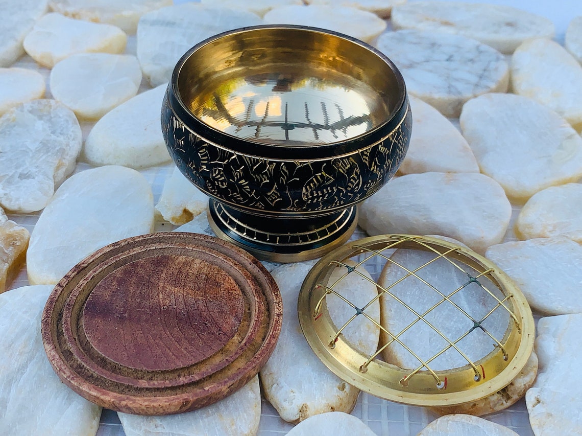 Decorated Brass Charcoal Screen Incense Burner With Wooden Etsy