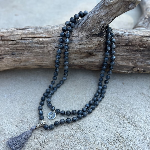 Tibetan labradorite 108 Beads Mala Meditation Yoga With Buddha Charm and Silver Guru Bead