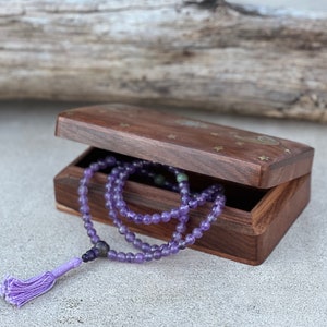 Tibetan Amethyst Mala Prayer Beads Rosary Meditation Yoga Free Mala Wooden Box