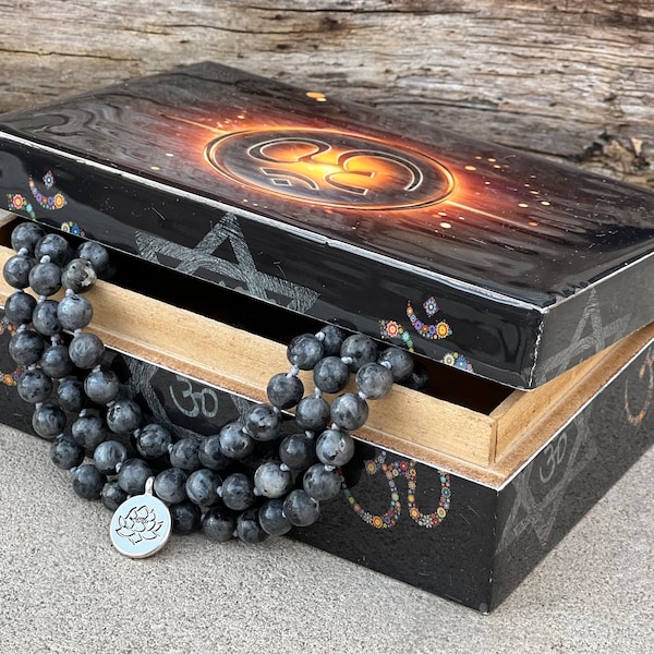 Tibetan Prayer Meditation Hand Knotted 108 Beads Labradorite Mala with Silver Guru Bead, Charms And Mala Wooden Box