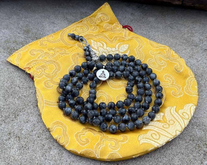 Labradorite 108 Bead Mala Necklace: Hand Knotted Meditation Beads with Silver Charm
