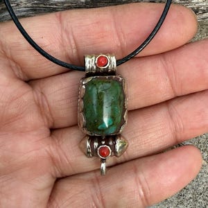 Tibetan Turquoise Pendant – Handmade Silver Necklace | Himalayan Jewelry | Artisan Crafted in Detail