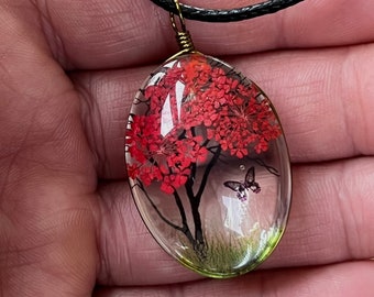 Tree Of Life Pressed Dried Flower Necklace Floral Flower Butterfly Necklace Pendant