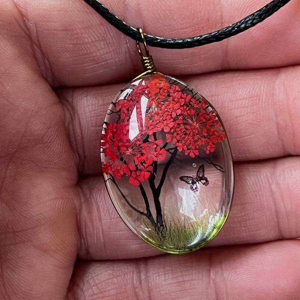 Tree Of Life Pressed Dried Flower Necklace Floral Flower Butterfly Necklace Pendant