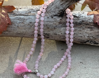 Rose Quartz 108 Beads Mala: Tibetan Silver Guru Bead Yoga Necklace
