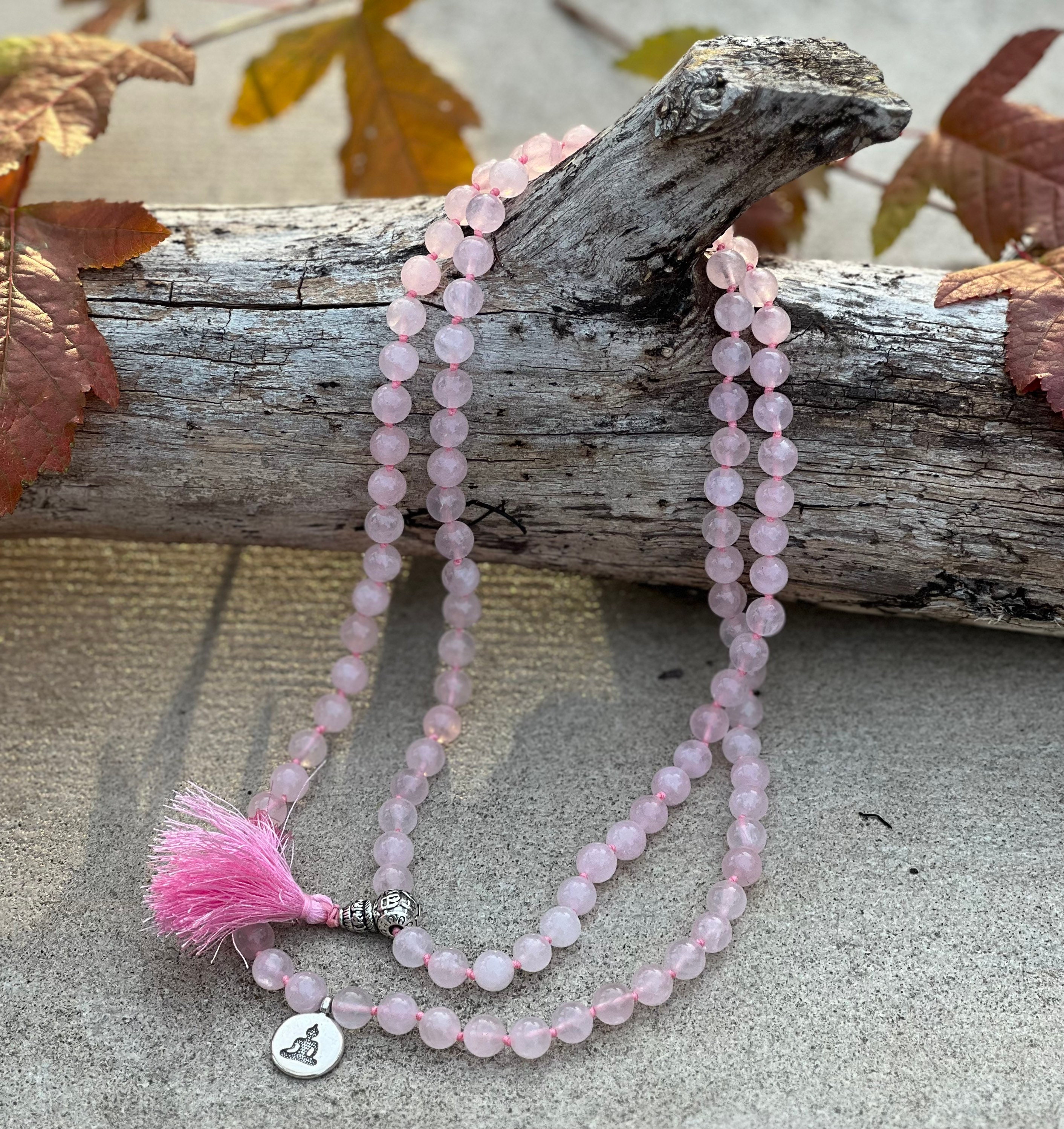 Mala Necklace  108 Hand-Knotted 8mm Round Beads (Rose Quartz) – Cherry  Tree Collection