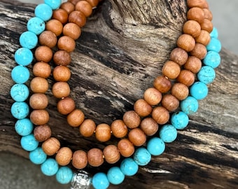 Sandalwood, Turquoise and Silver Guru Bead 108 Beads Mala Rosary Free Mala Bag