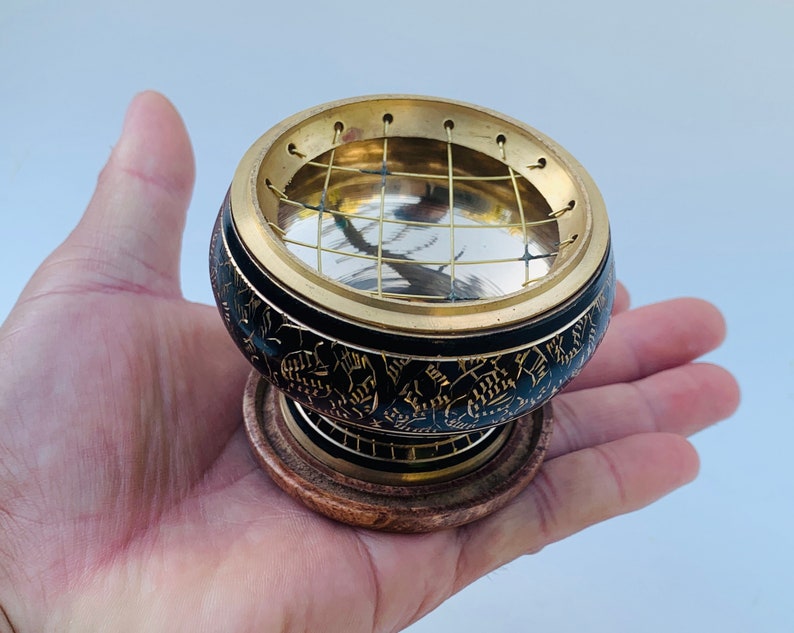 Decorated Brass Charcoal Screen Incense Burner With Wooden Etsy