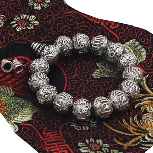 Tibetan Buddhist 14 Silver Beads Bracelet Wrist Mala Six Words Mantras Om Mani Padme Hum Lotus Beads