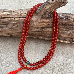 Tibetan Carnelian 108 Beads Mala Meditation Yoga With 3 Marker and Guru Bead With Free Silk Mala Pouch