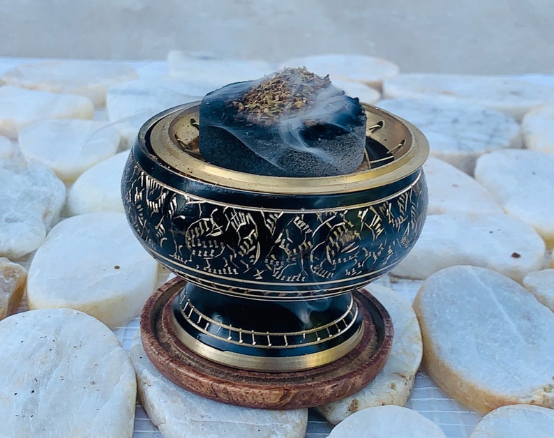 Decorated Brass Charcoal Screen Incense Burner With Wooden Etsy