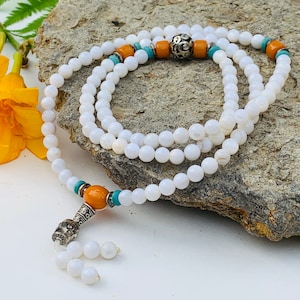 Tibetan Buddhist Mala / Rosary 108 Glass Beads/ Tibetan Silver Spacers / Free Mala Pouch