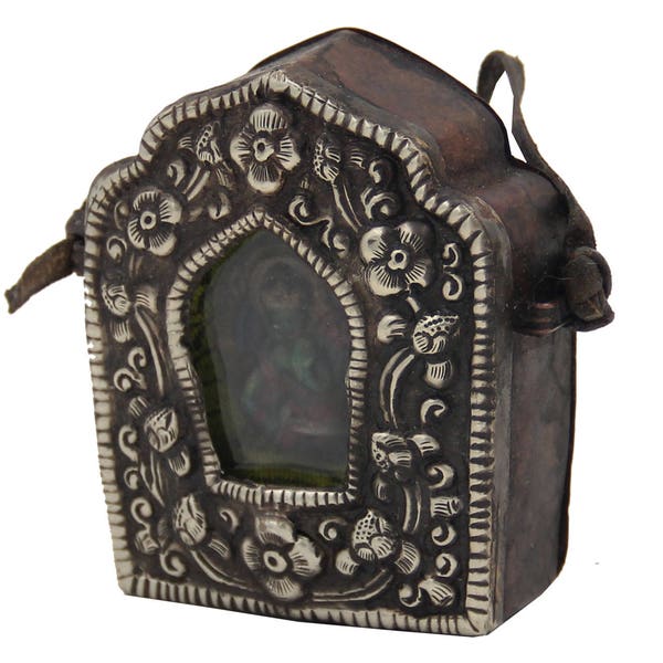 Old Tibetan Buddhist Copper Silver Plated Green Tara Ghau Gao Prayer Box Portable Shrine