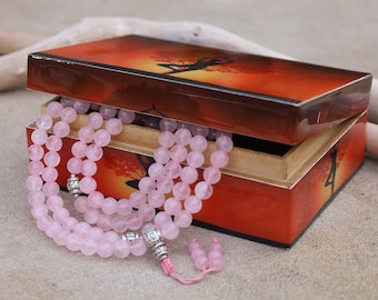 Tibetan Rose Quartz Mala: 108 Beads, Silver Guru Bead & Wooden Box