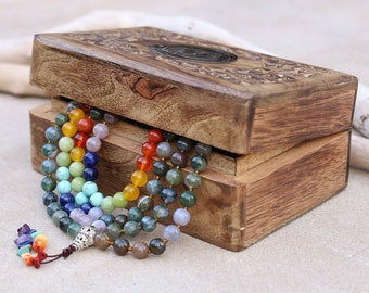 Tibetanische indische Achat Chakra 108 Perlen Mala Meditation Yoga mit silberner Guru-Perle, silbernen Abstandshaltern und Mala Holzbox