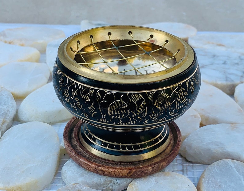 Decorated Brass Charcoal Screen Incense Burner With Wooden Etsy