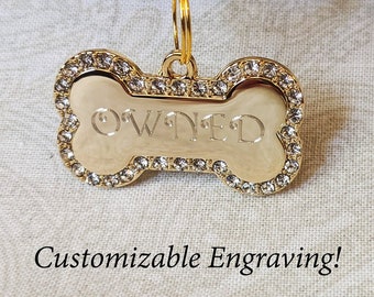 CZ Crystal Gold Tone Bone Tag - Personalized Diamond Engraving - Pet Tag Pendant | Please Read Description!