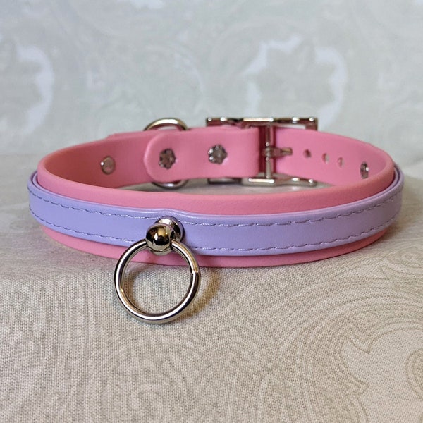 3/4" Light Pink Biothane Layered with Lavender Stitched Faux Leather | BDSM Collar Bondage Collar Kittenplay Collar (Vegan Faux Leather)