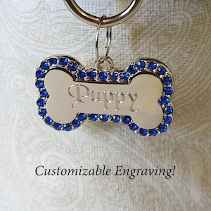 Blue CZ Crystal Silver Tone Bone Tag - Personalized Diamond Engraving - Pet Tag Pendant | Please Read Description!