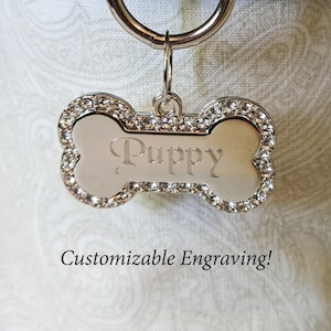 CZ Crystal Silver Tone Bone Tag - Personalized Diamond Engraving - Pet Tag Pendant | Please Read Description!