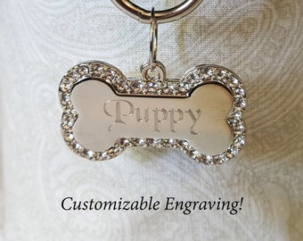 CZ Crystal Silver Tone Bone Tag - Personalized Diamond Engraving - Pet Tag Pendant | Please Read Description!