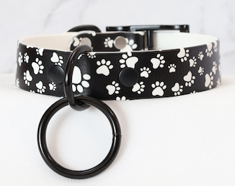 1" Black and White Paw Print D&O Collar | Durable/Comfortable, Waterproof, Latex Free | BioThane - Vegan Leather